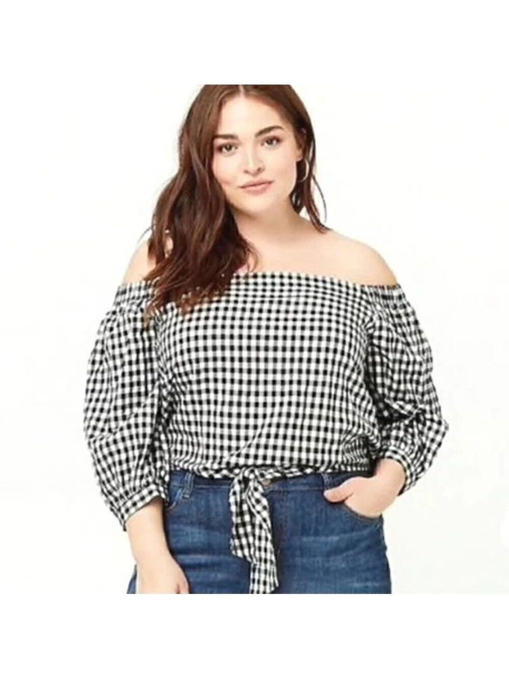 Forever 21+ Black and White Gingham Tie Front Crop Top (Sz 2X)